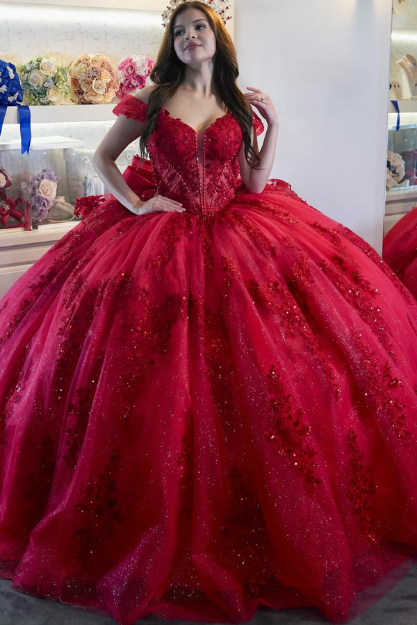 Langes Quinceanera-Kleid mit Herzausschnitt für Damen, trägerloses Korsett mit Blumenapplikationen, Perlenbesetztes Tüll-Ballkleid 