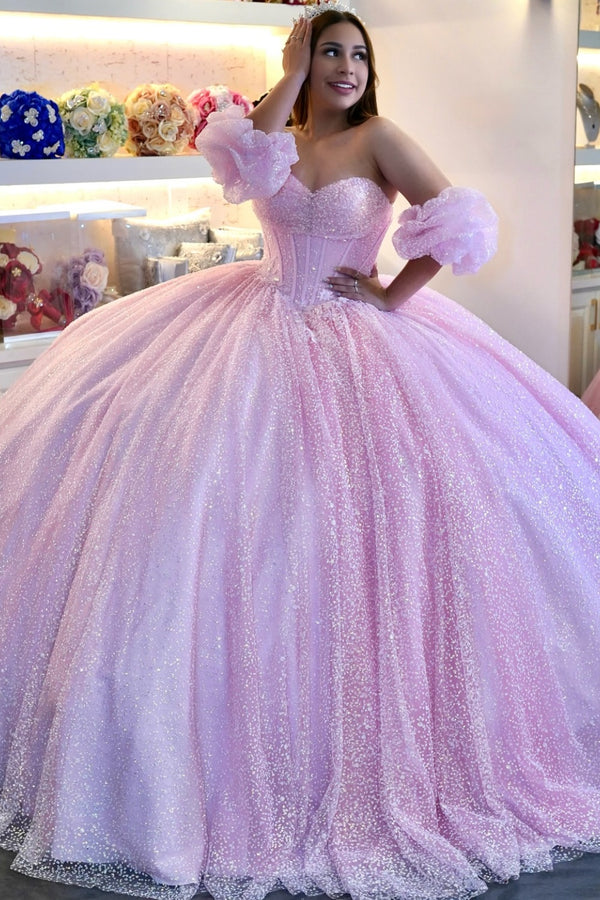 Langes Quinceanera-Kleid mit Herzausschnitt für Damen, trägerloses Korsett mit Blumenapplikationen, Perlenbesetztes Tüll-Ballkleid 
