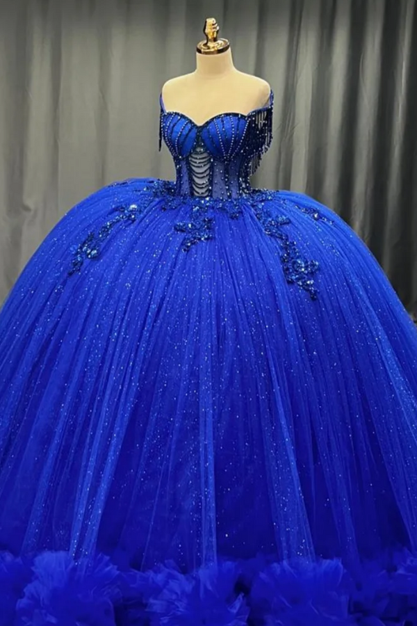 Langes Quinceanera-Kleid mit Herzausschnitt für Damen, trägerloses Korsett mit Blumenapplikationen, Perlenbesetztes Tüll-Ballkleid 
