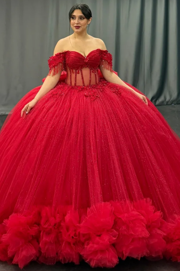 Langes Quinceanera-Kleid mit Herzausschnitt für Damen, trägerloses Korsett mit Blumenapplikationen, Perlenbesetztes Tüll-Ballkleid 