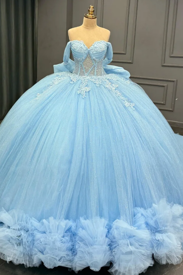 Langes Quinceanera-Kleid mit Herzausschnitt für Damen, trägerloses Korsett mit Blumenapplikationen, Perlenbesetztes Tüll-Ballkleid 