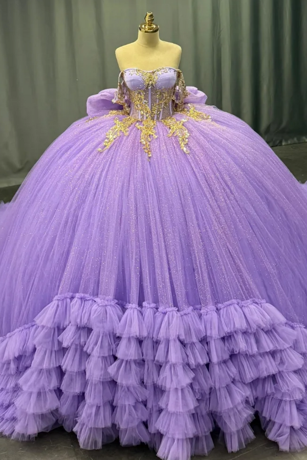 Off Shoulder Sleeveless Purple Sweet 15 Quinceañera Dress with Beaded Sequins Appliques Tiered Bow Knot WQ1541