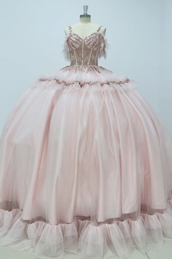 Off Shoulder Spaghetti Straps Sleeveless Beaded Sequins Appliques Ruffles Pink Sweet 15 Quinceañera Dress WQ1542