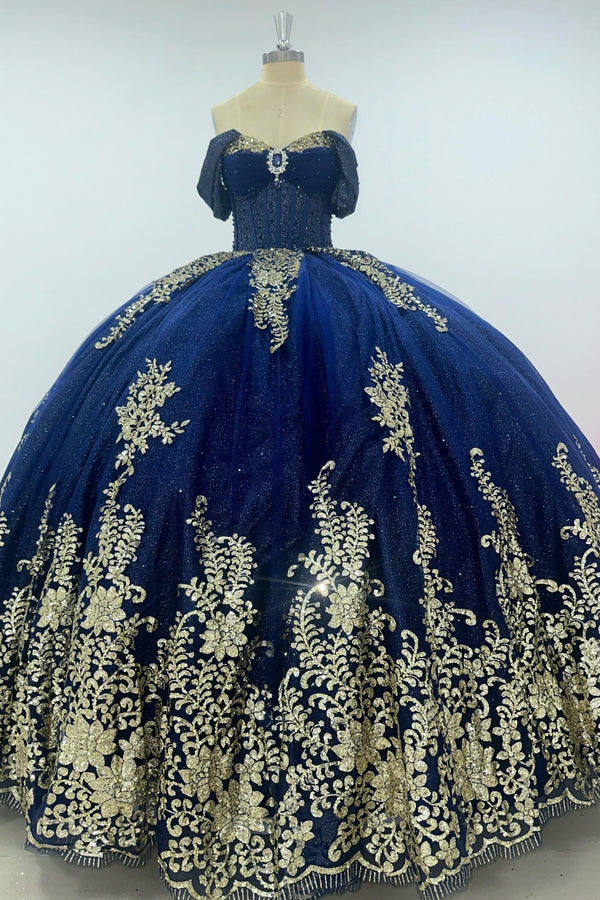 Off Shoulder Sleeveless Beaded Gold Appliques Bow Knot Dark Navy Quinceañera Dress WQ1543