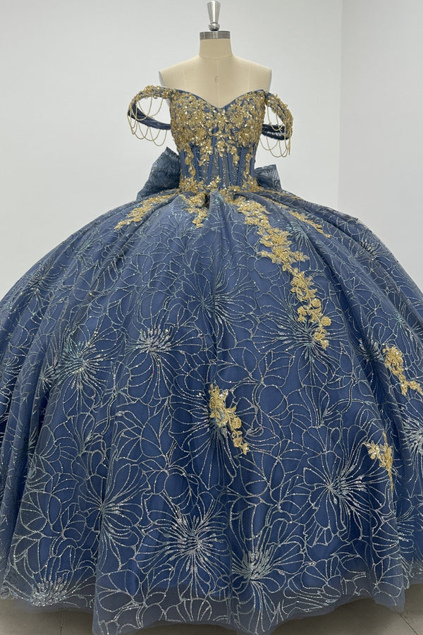 Off Shoulder Sleeveless Blue Sweet 15 Quinceañera Dress with Beaded Sequins Appliques Detachable Train Ruffles Bow Knot WQ1544