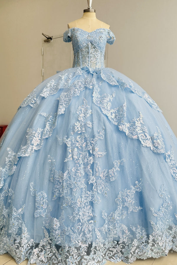 Off Shoulder Sleeveless Blue Sweet 15 Quinceañera Dress with Beaded Sequins Appliques Bow Knot Ruffles WQ1545