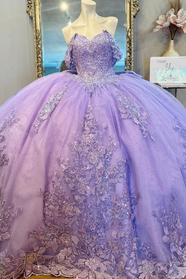 Langes Quinceanera-Kleid mit Herzausschnitt für Damen, trägerloses Korsett mit Blumenapplikationen, Perlenbesetztes Tüll-Ballkleid 