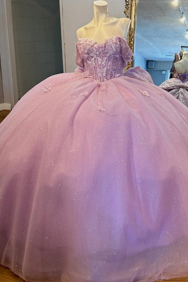 Langes Quinceanera-Kleid mit Herzausschnitt für Damen, trägerloses Korsett mit Blumenapplikationen, Perlenbesetztes Tüll-Ballkleid 