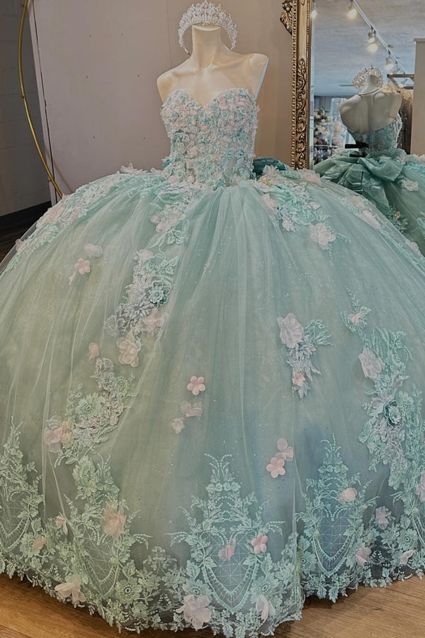 Langes Quinceanera-Kleid mit Herzausschnitt für Damen, trägerloses Korsett mit Blumenapplikationen, Perlenbesetztes Tüll-Ballkleid 