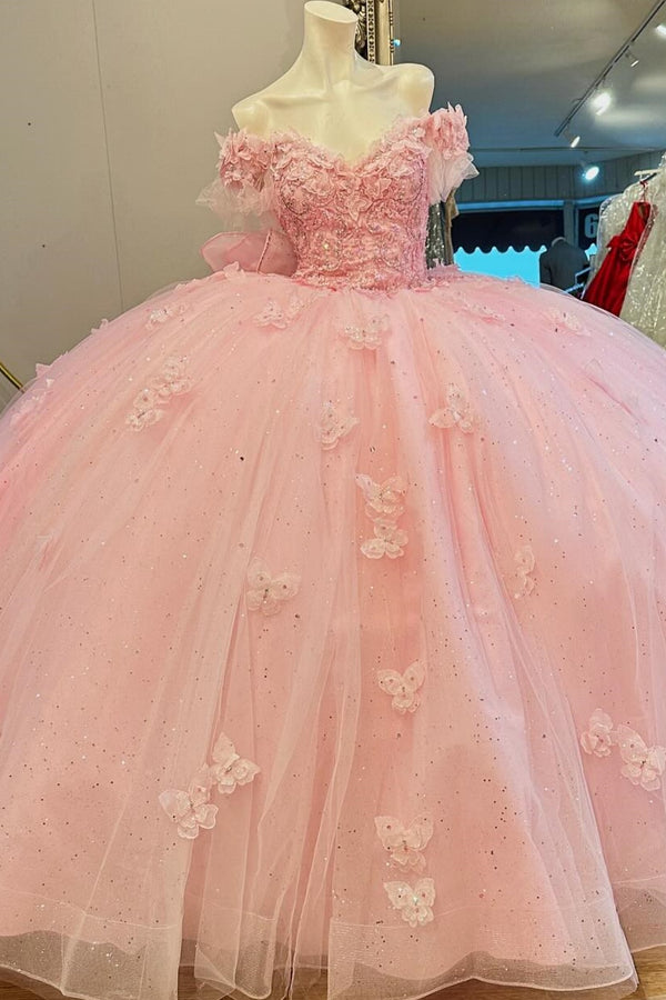 Langes Quinceanera-Kleid mit Herzausschnitt für Damen, trägerloses Korsett mit Blumenapplikationen, Perlenbesetztes Tüll-Ballkleid 