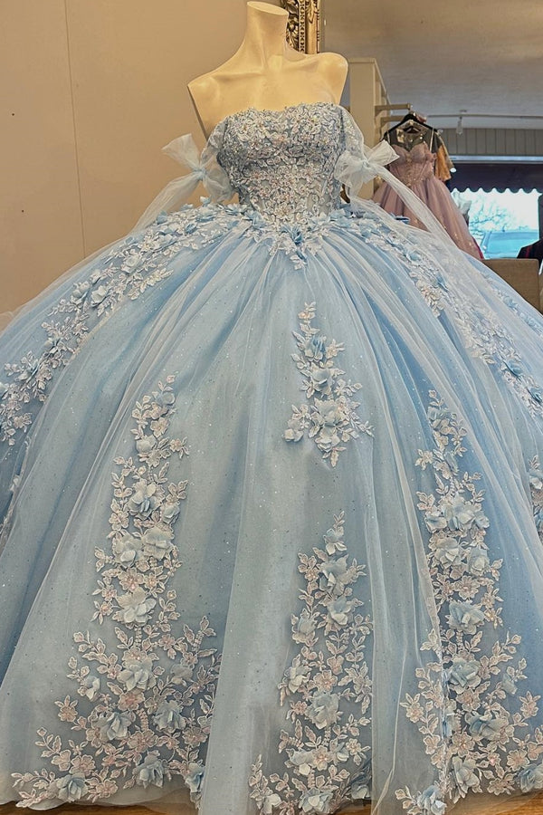 Langes Quinceanera-Kleid mit Herzausschnitt für Damen, trägerloses Korsett mit Blumenapplikationen, Perlenbesetztes Tüll-Ballkleid 