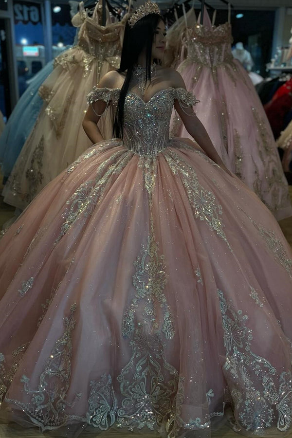 Langes Quinceanera-Kleid mit Herzausschnitt für Damen, trägerloses Korsett mit Blumenapplikationen, Perlenbesetztes Tüll-Ballkleid 