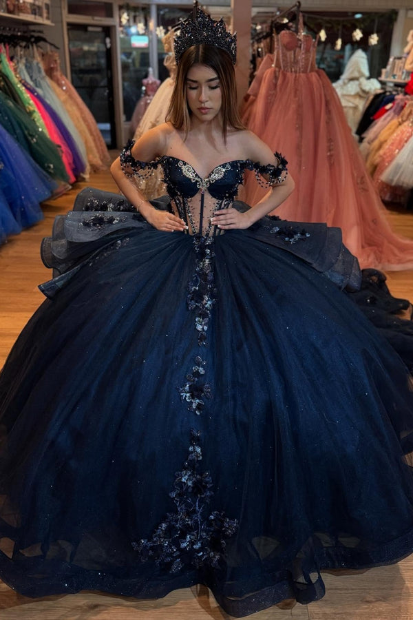 Langes Quinceanera-Kleid mit Herzausschnitt für Damen, trägerloses Korsett mit Blumenapplikationen, Perlenbesetztes Tüll-Ballkleid 