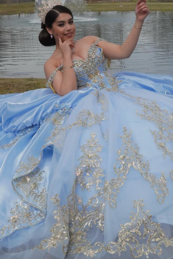 Langes Quinceanera-Kleid mit Herzausschnitt für Damen, trägerloses Korsett mit Blumenapplikationen, Perlenbesetztes Tüll-Ballkleid 