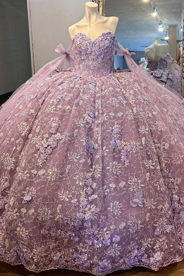 Langes Quinceanera-Kleid mit Herzausschnitt für Damen, trägerloses Korsett mit Blumenapplikationen, Perlenbesetztes Tüll-Ballkleid 