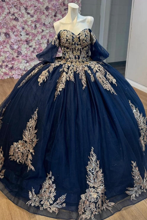 Langes Quinceanera-Kleid mit Herzausschnitt für Damen, trägerloses Korsett mit Blumenapplikationen, Perlenbesetztes Tüll-Ballkleid 