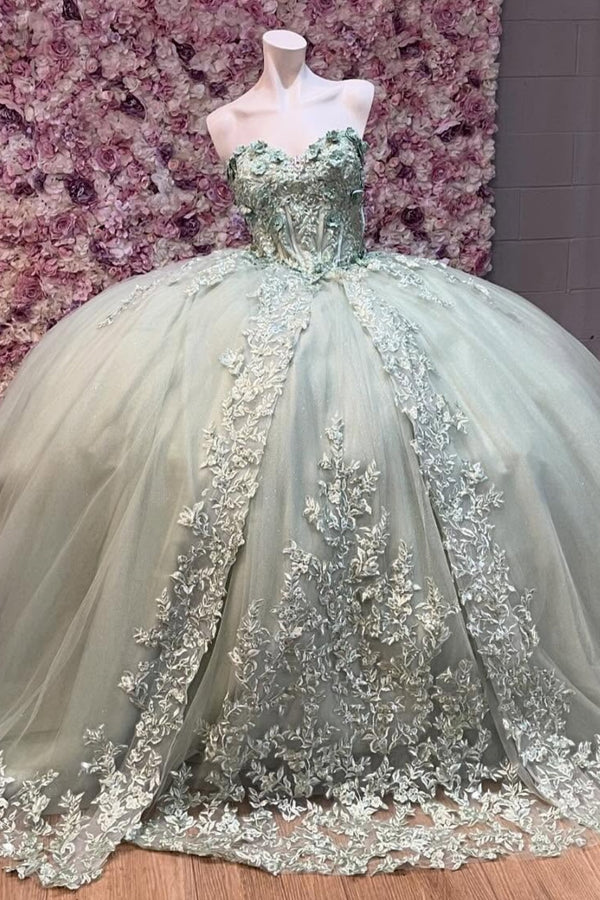 Langes Quinceanera-Kleid mit Herzausschnitt für Damen, trägerloses Korsett mit Blumenapplikationen, Perlenbesetztes Tüll-Ballkleid 