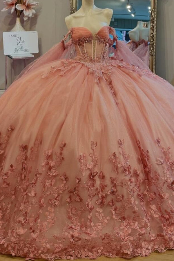 Langes Quinceanera-Kleid mit Herzausschnitt für Damen, trägerloses Korsett mit Blumenapplikationen, Perlenbesetztes Tüll-Ballkleid 