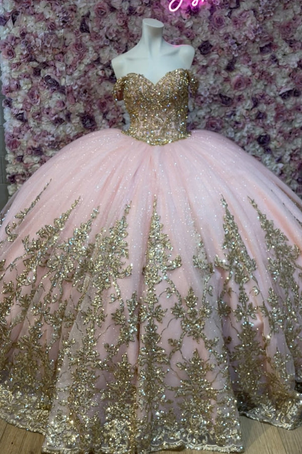 Langes Quinceanera-Kleid mit Herzausschnitt für Damen, trägerloses Korsett mit Blumenapplikationen, Perlenbesetztes Tüll-Ballkleid 