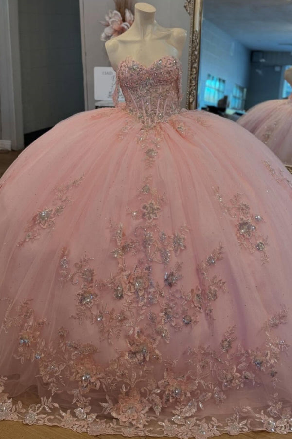 Langes Quinceanera-Kleid mit Herzausschnitt für Damen, trägerloses Korsett mit Blumenapplikationen, Perlenbesetztes Tüll-Ballkleid 