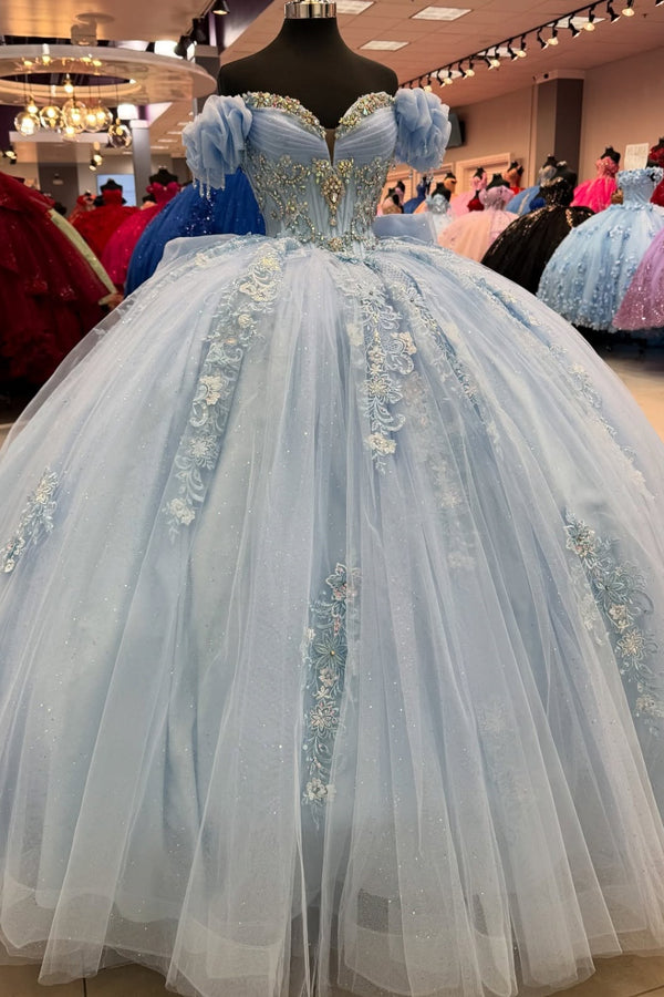 Langes Quinceanera-Kleid mit Herzausschnitt für Damen, trägerloses Korsett mit Blumenapplikationen, Perlenbesetztes Tüll-Ballkleid 