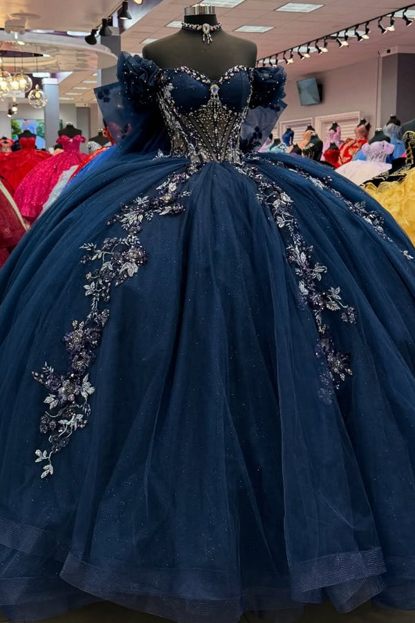 Langes Quinceanera-Kleid mit Herzausschnitt für Damen, trägerloses Korsett mit Blumenapplikationen, Perlenbesetztes Tüll-Ballkleid 