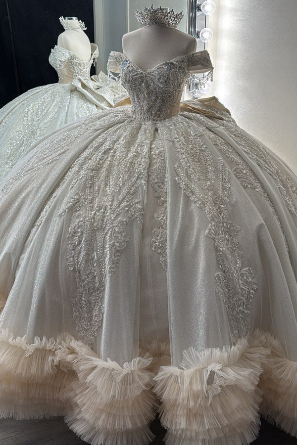 Off Shoulder Sleeveless Sheer Champagne Sweet 15 Quinceañera Dress with Beaded Sequins Appliques Bow Knot  WQ1569