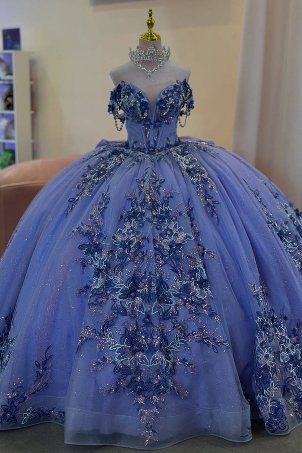 Langes Quinceanera-Kleid mit Herzausschnitt für Damen, trägerloses Korsett mit Blumenapplikationen, Perlenbesetztes Tüll-Ballkleid 