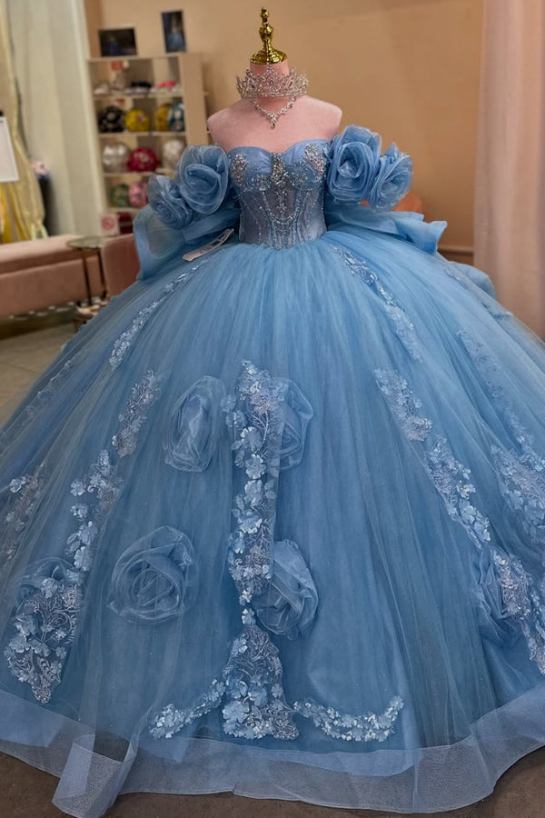 Langes Quinceanera-Kleid mit Herzausschnitt für Damen, trägerloses Korsett mit Blumenapplikationen, Perlenbesetztes Tüll-Ballkleid 