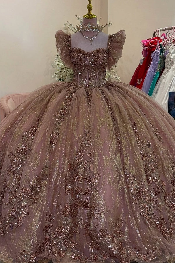 Sweetheart Sleeveless Beaded Sequins Appliques Champagne Sweet 15 Quinceañera Dress WQ1573