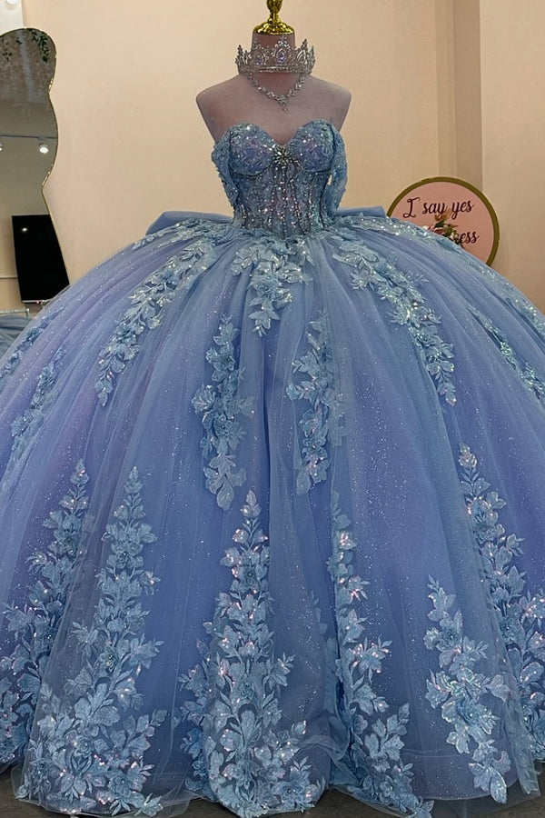 Langes Quinceanera-Kleid mit Herzausschnitt für Damen, trägerloses Korsett mit Blumenapplikationen, Perlenbesetztes Tüll-Ballkleid 