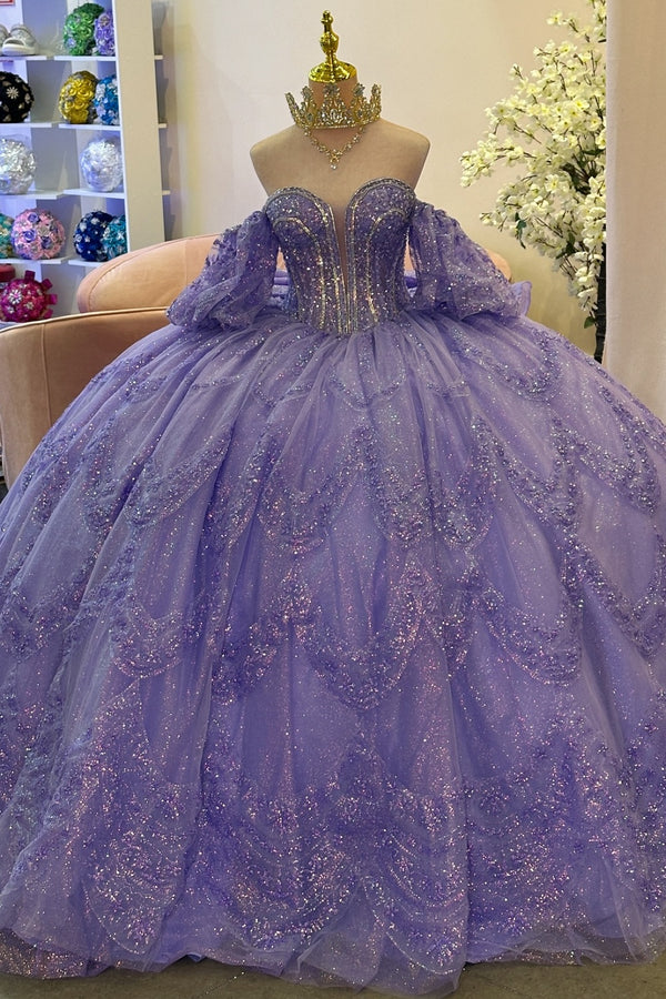 Langes Quinceanera-Kleid mit Herzausschnitt für Damen, trägerloses Korsett mit Blumenapplikationen, Perlenbesetztes Tüll-Ballkleid 