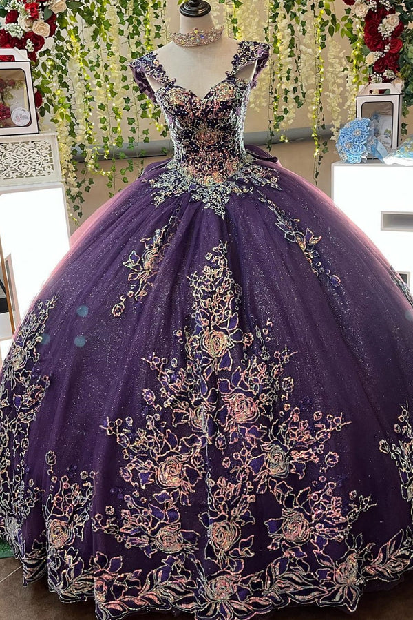 V Neck Straps Sleeveless Sequins Appliques Bow Knot Purple Sweet 15 Quinceañera Dress WQ1576