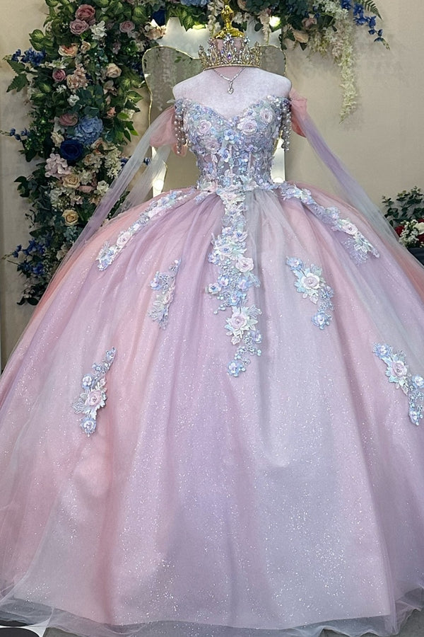 Langes Quinceanera-Kleid mit Herzausschnitt für Damen, trägerloses Korsett mit Blumenapplikationen, Perlenbesetztes Tüll-Ballkleid 