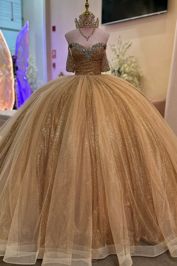 Langes Quinceanera-Kleid mit Herzausschnitt für Damen, trägerloses Korsett mit Blumenapplikationen, Perlenbesetztes Tüll-Ballkleid 