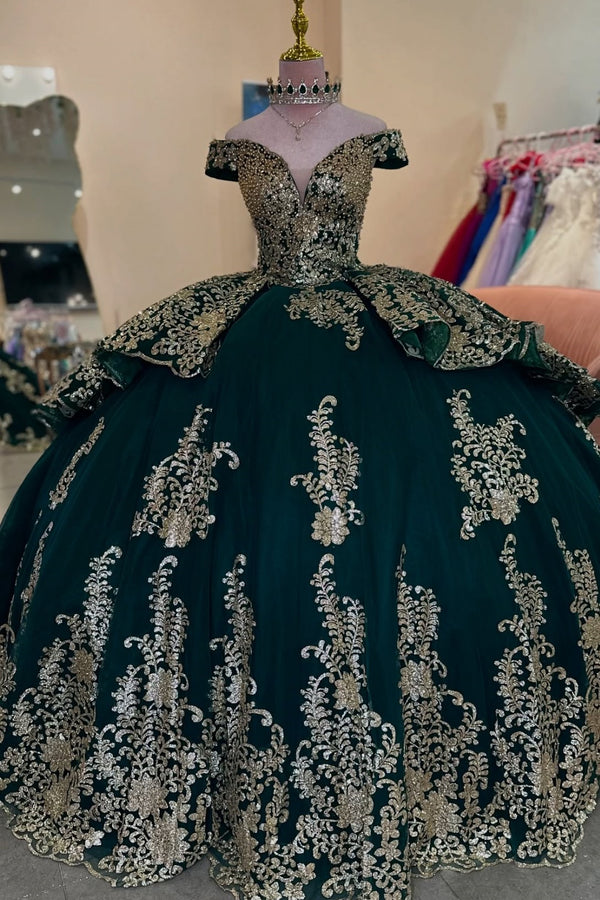 V Neck Off Shoulder Sleeveless Beaded Gold Appliques Ruffles Dark Green Sweet 15 Quinceañera Dress WQ1580