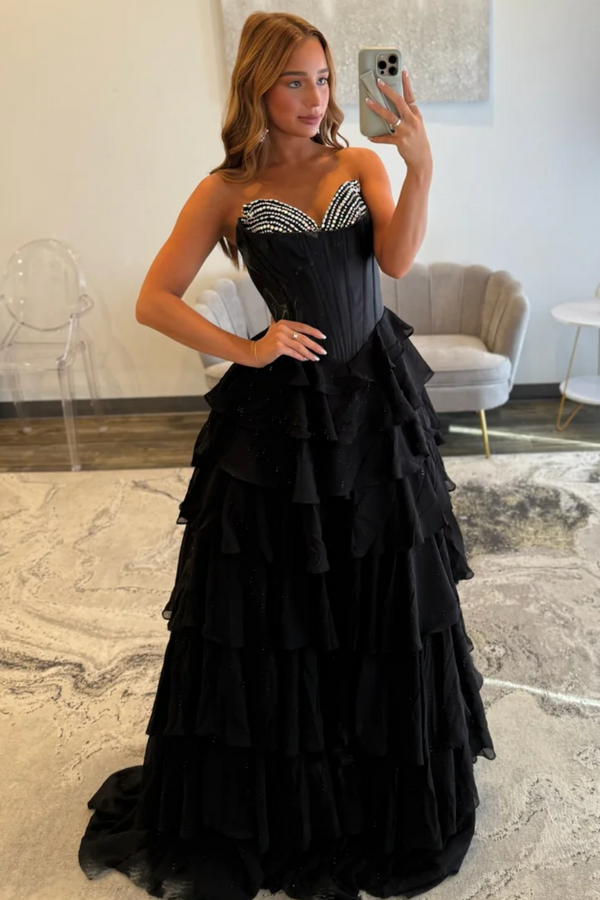 A-Line Strapless Sleeveless Pleated Beaded Ruffles Tiered Prom Dress WU1581