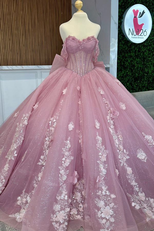 Langes Quinceanera-Kleid mit Herzausschnitt für Damen, trägerloses Korsett mit Blumenapplikationen, Perlenbesetztes Tüll-Ballkleid 