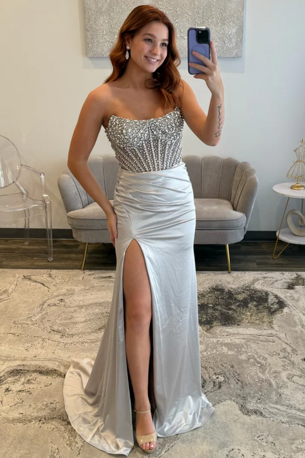 Sheath Boat Neck Sleeveless Pleated Beaded High Side Slit and Train Prom Dress WU1582