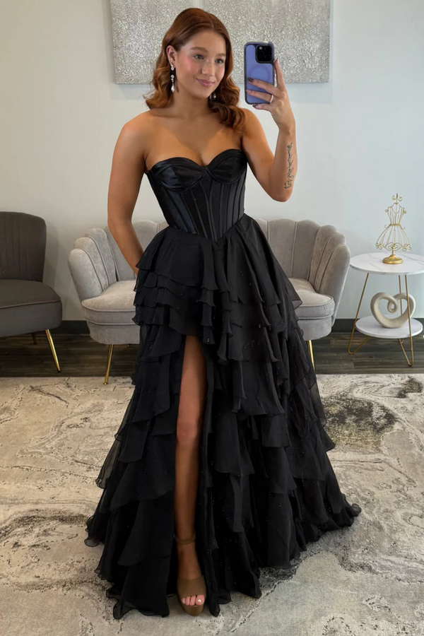 A-Line Strapless Sleeveless Pleated Ruffles Tiered High Side Slit and Train Prom Dress WU1583