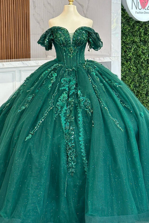 Langes Quinceanera-Kleid mit Herzausschnitt für Damen, trägerloses Korsett mit Blumenapplikationen, Perlenbesetztes Tüll-Ballkleid 