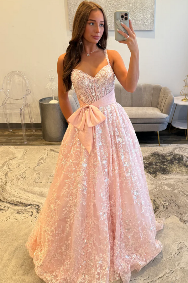 A-Line Sweetheart Neck Spaghetti Straps Sequins Lace Appliques Bow Knot Pink Prom Dress WU1584