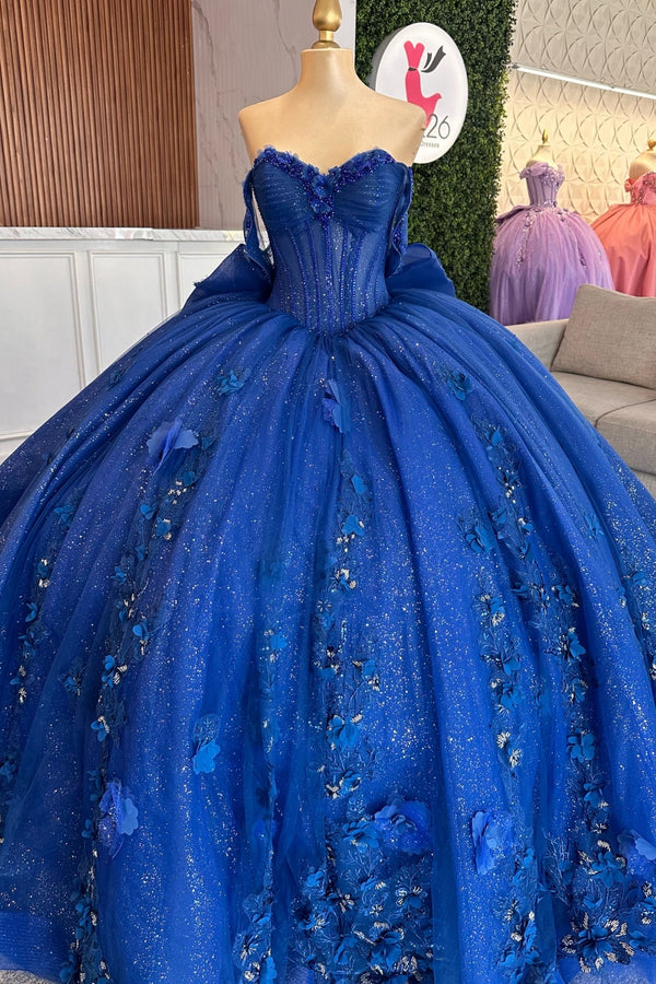 Langes Quinceanera-Kleid mit Herzausschnitt für Damen, trägerloses Korsett mit Blumenapplikationen, Perlenbesetztes Tüll-Ballkleid 