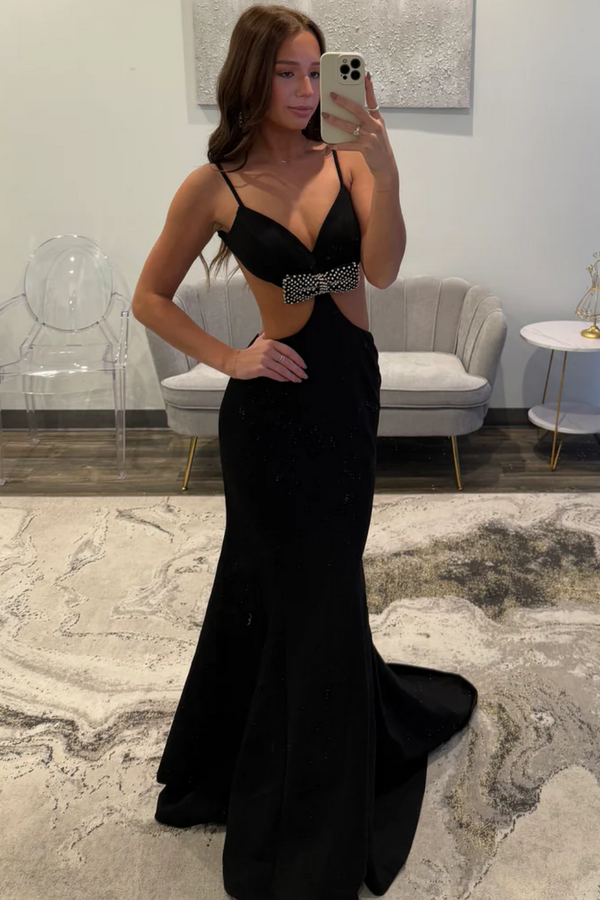 Mermaid V Neck Spaghetti Straps Sleeveless Bow Knot Beaded Open Back Prom Dress WU1585