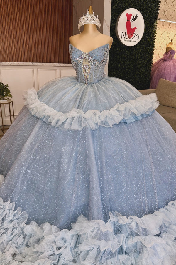 Langes Quinceanera-Kleid mit Herzausschnitt für Damen, trägerloses Korsett mit Blumenapplikationen, Perlenbesetztes Tüll-Ballkleid 