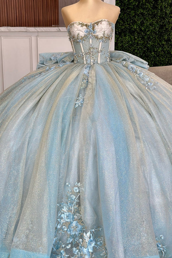 Langes Quinceanera-Kleid mit Herzausschnitt für Damen, trägerloses Korsett mit Blumenapplikationen, Perlenbesetztes Tüll-Ballkleid 