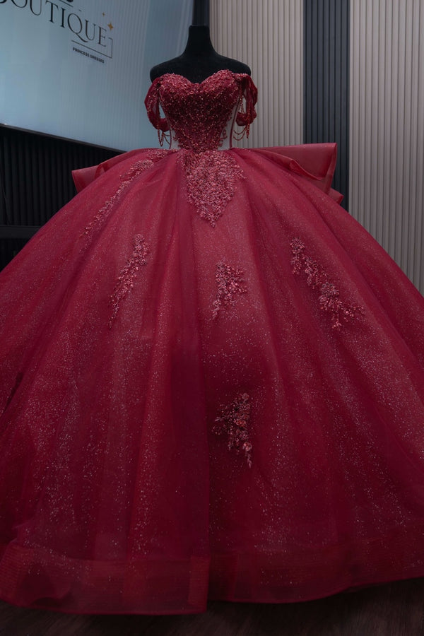 Langes Quinceanera-Kleid mit Herzausschnitt für Damen, trägerloses Korsett mit Blumenapplikationen, Perlenbesetztes Tüll-Ballkleid 