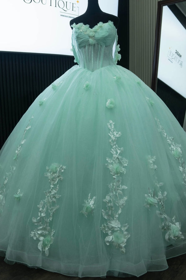 Langes Quinceanera-Kleid mit Herzausschnitt für Damen, trägerloses Korsett mit Blumenapplikationen, Perlenbesetztes Tüll-Ballkleid 