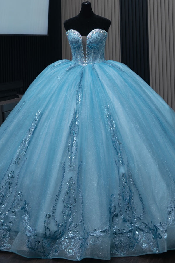 Strapless Detachable Sleeves Sequins Appliques Blue Sweet 15 Quinceañera Dress WQ1595