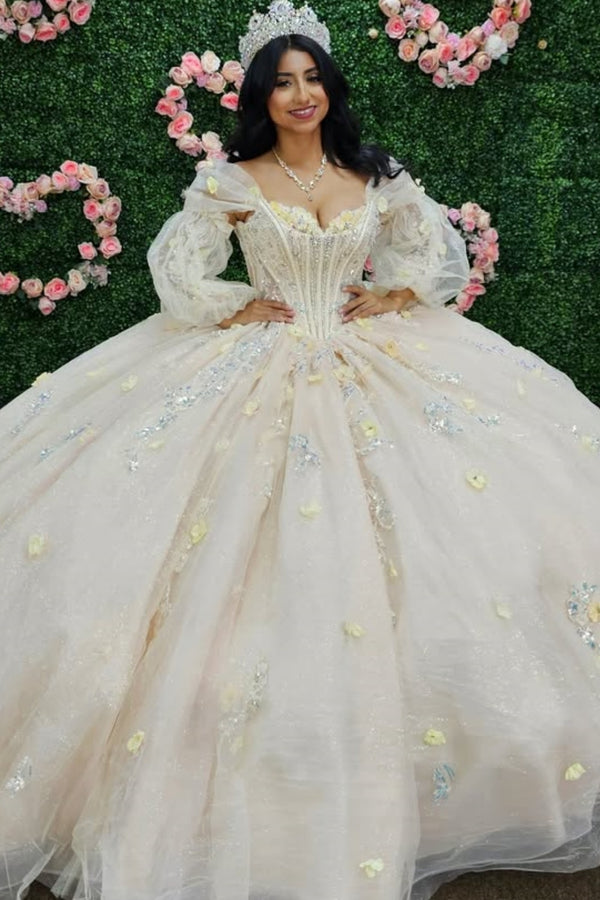 Off Shoulder Long Sleeves Beaded 3D Flower Appliques Bow Knot White Sweet 15 Quinceañera Dress WQ1596